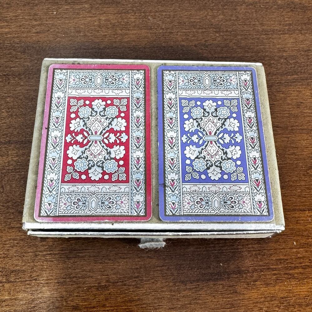 Vintage Playing Cards Two Decks Gold Edging Complete Blue Red Floral